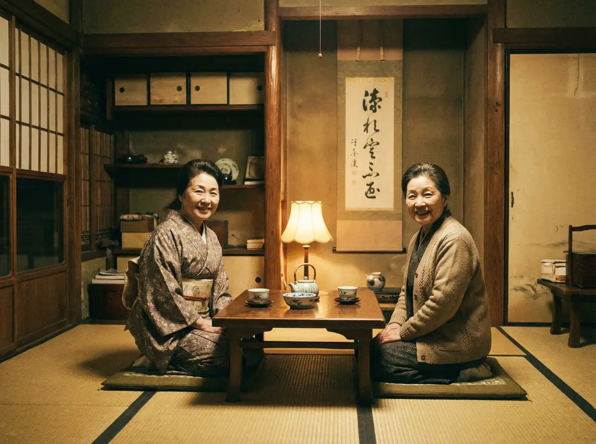 两位优雅的 海角 在日式茶室中品茶交谈